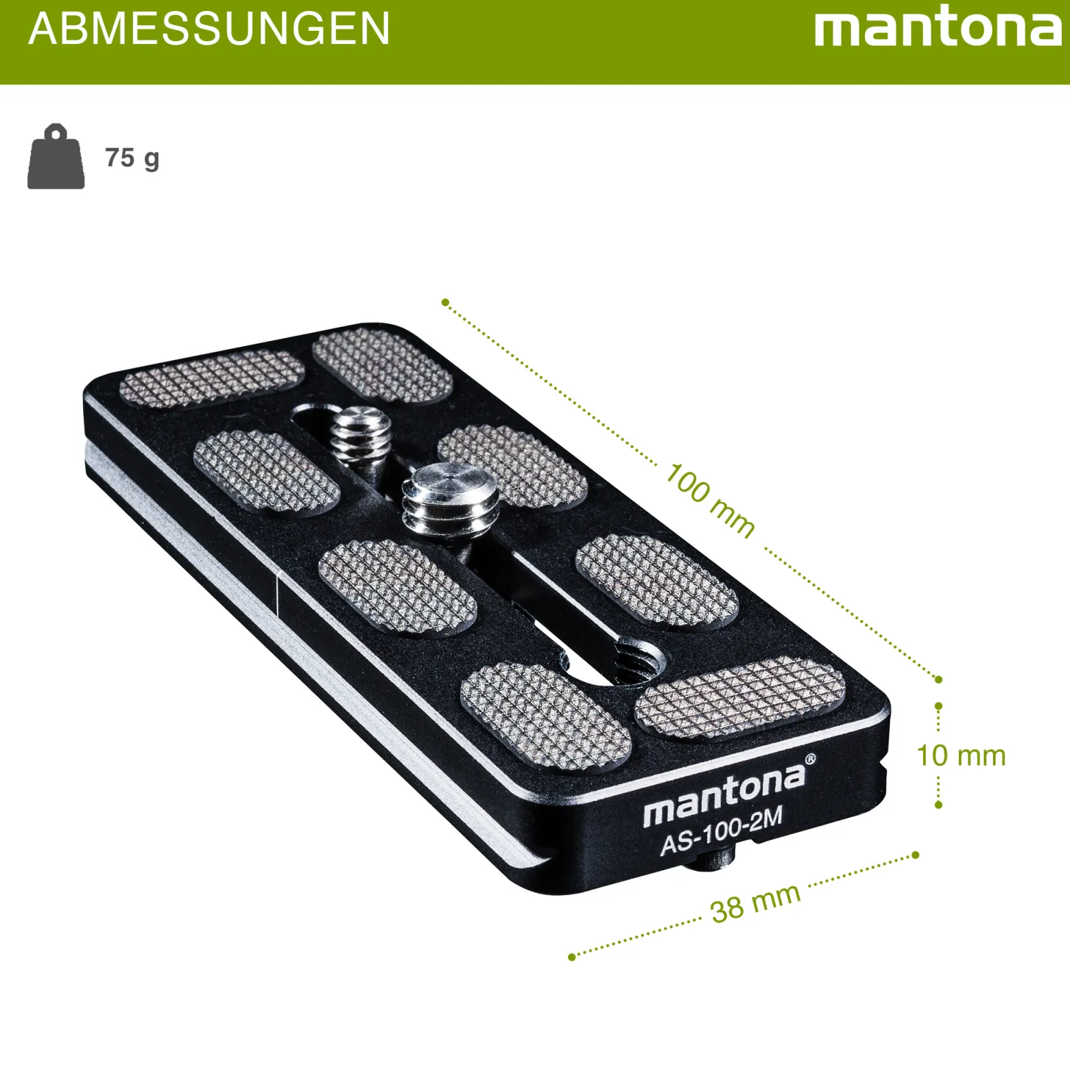 Mantona AS-100-2M Schnellwechselplatte Arca-Swiss kompatibel 100 x 38 mm Aluminium mit 1/4" und 3/8" Schrauben, Gummipuffern und Mittenmarkierung