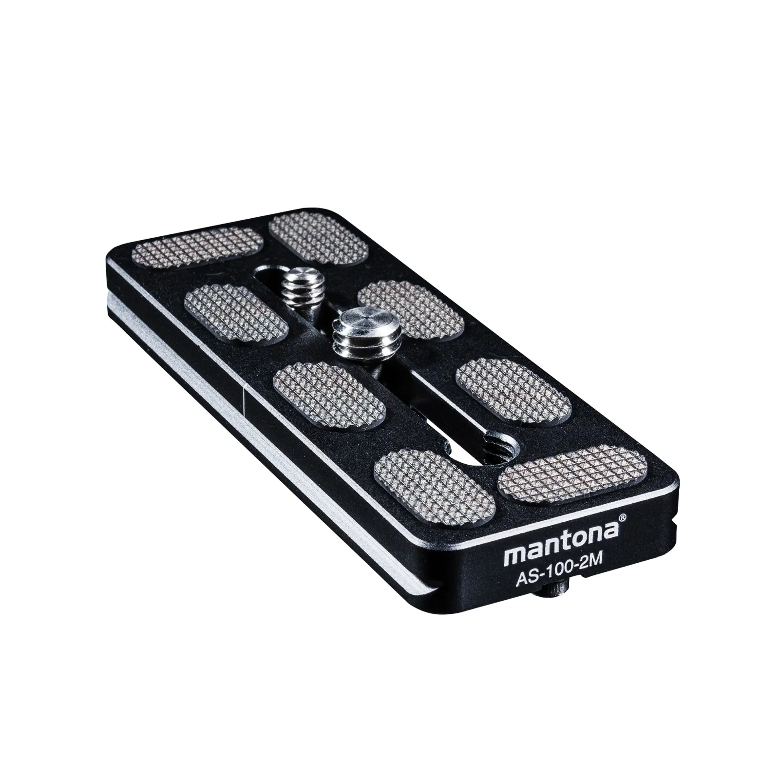 Mantona AS-100-2M Schnellwechselplatte Arca-Swiss kompatibel 100 x 38 mm Aluminium mit 1/4" und 3/8" Schrauben, Gummipuffern und Mittenmarkierung