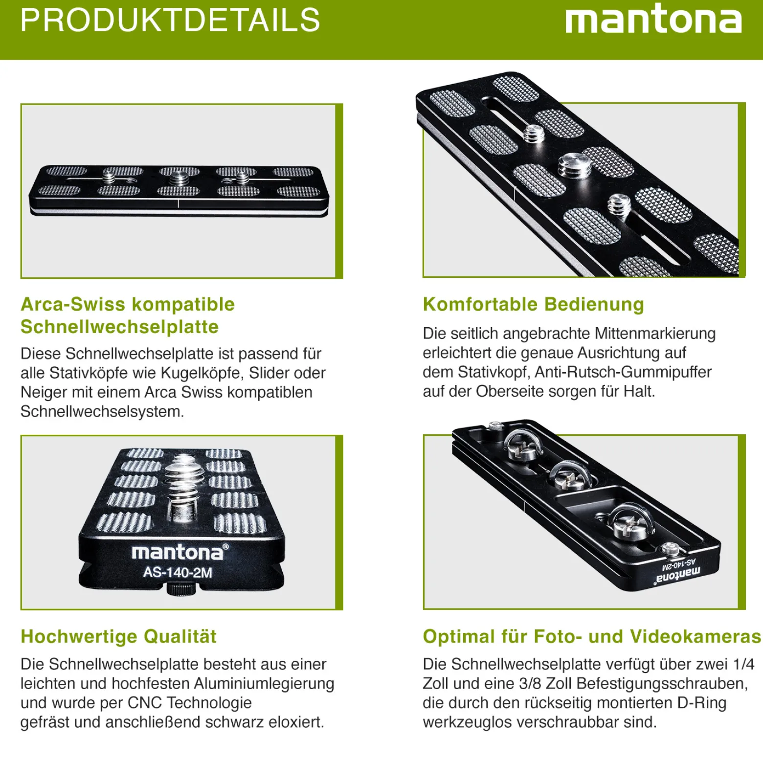 Mantona AS-140-2M Schnellwechselplatte Arca-Swiss kompatibel 140 x 38 mm Aluminium mit 1/4" und 3/8" Schrauben, Gummipuffern und Mittenmarkierung