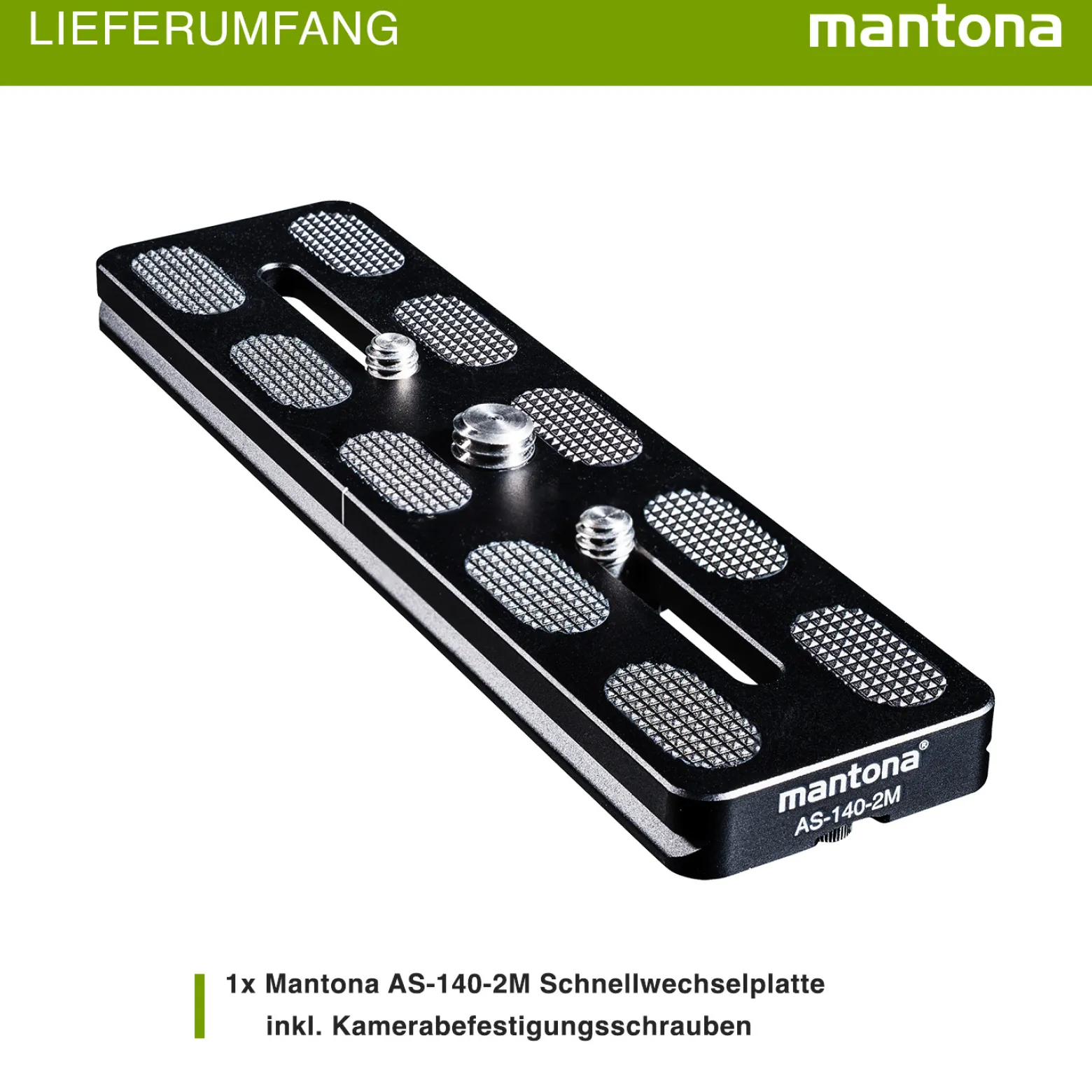 Mantona AS-140-2M Schnellwechselplatte Arca-Swiss kompatibel 140 x 38 mm Aluminium mit 1/4" und 3/8" Schrauben, Gummipuffern und Mittenmarkierung
