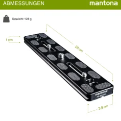 Mantona AS-200-2M Schnellwechselplatte Arca-Swiss kompatibel 200 x 38 mm Aluminium mit 1/4" und 3/8" Schrauben, Gummipuffern und Mittenmarkierung