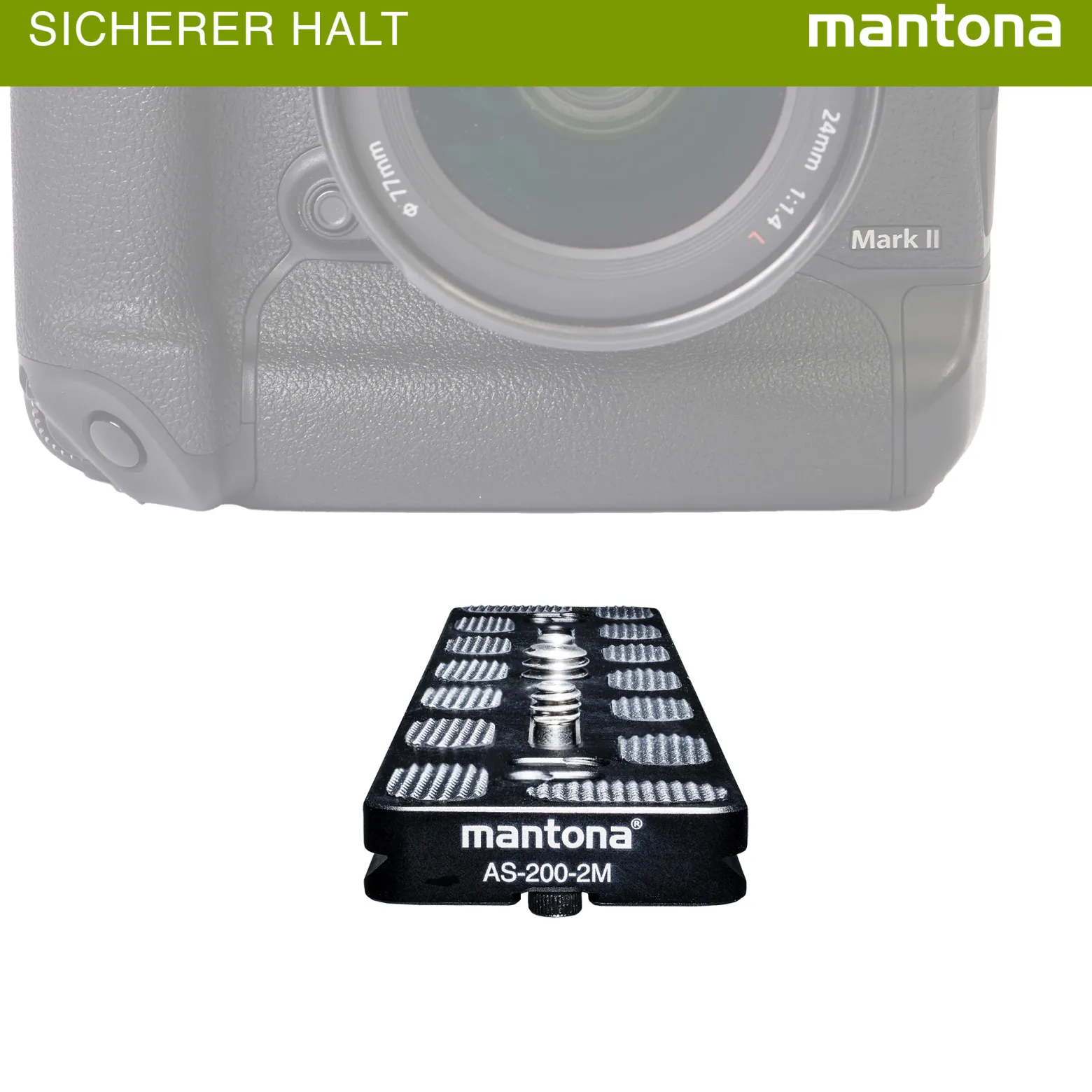 Mantona AS-200-2M Schnellwechselplatte Arca-Swiss kompatibel 200 x 38 mm Aluminium mit 1/4" und 3/8" Schrauben, Gummipuffern und Mittenmarkierung