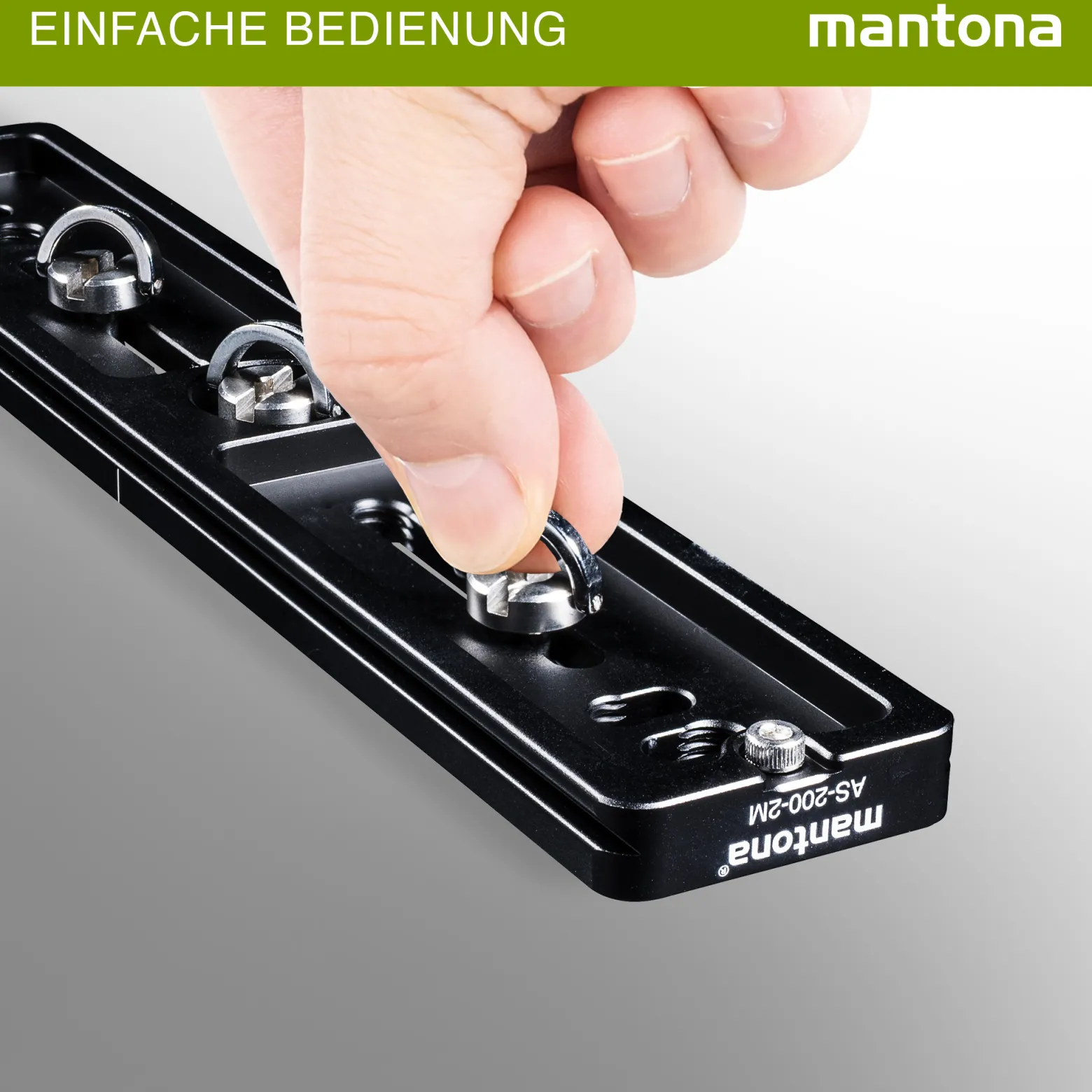 Mantona AS-200-2M Schnellwechselplatte Arca-Swiss kompatibel 200 x 38 mm Aluminium mit 1/4" und 3/8" Schrauben, Gummipuffern und Mittenmarkierung