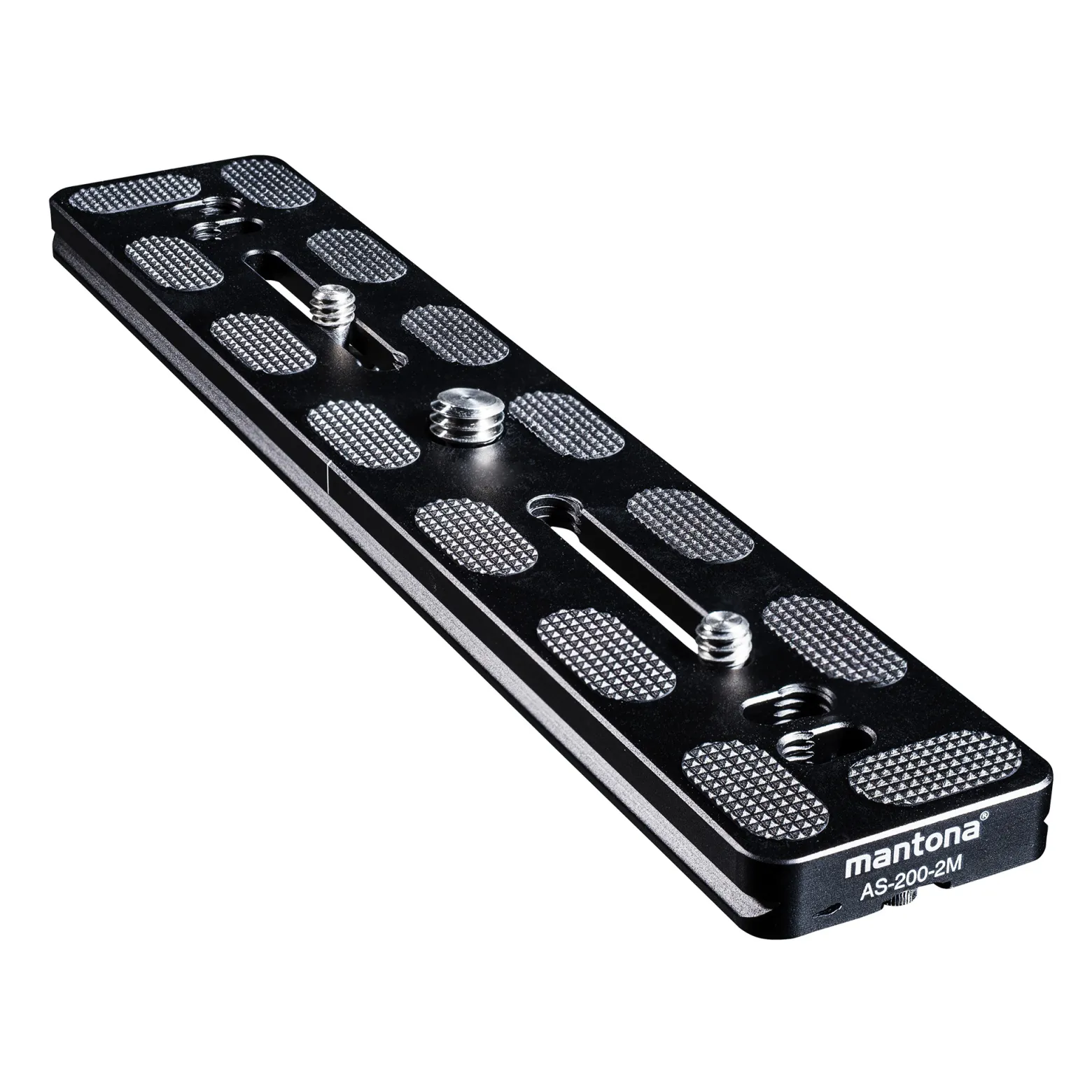 Mantona AS-200-2M Schnellwechselplatte Arca-Swiss kompatibel 200 x 38 mm Aluminium mit 1/4" und 3/8" Schrauben, Gummipuffern und Mittenmarkierung