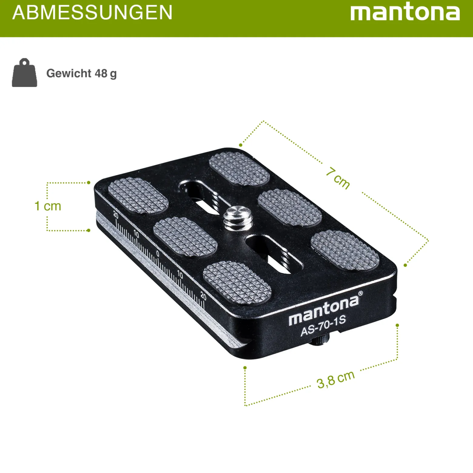 Mantona AS-70-1 Schnellwechselplatte Arca-Swiss kompatibel 70 x 38 mm Aluminium mit 1/4" Schraube Gummipuffern