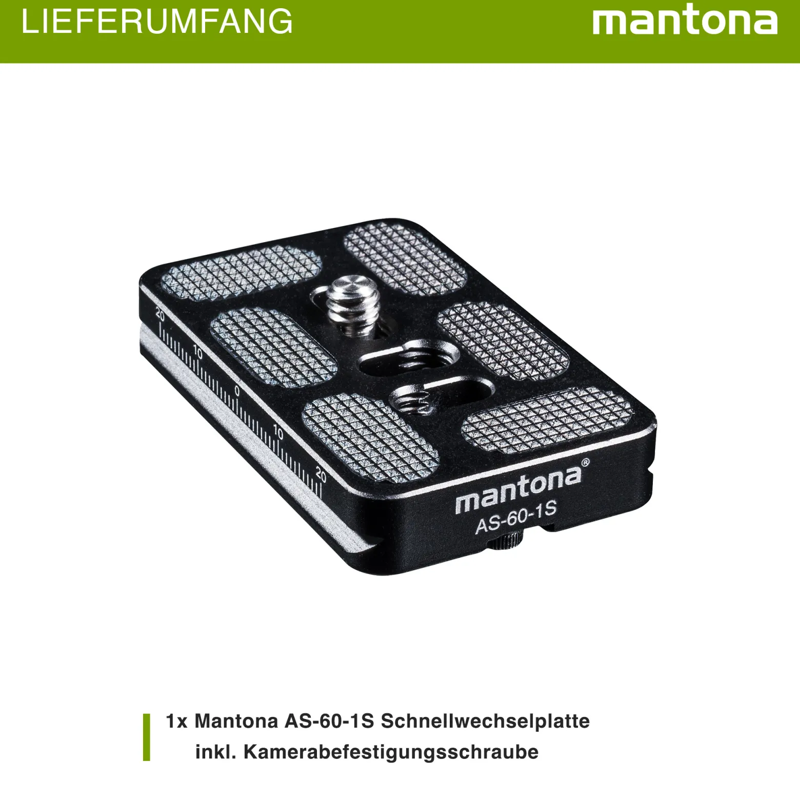 Mantona AS-60-1S Schnellwechselplatte Arca-Swiss kompatibel 60 x 38 mm Aluminium mit 1/4" Schraube Gummipuffern