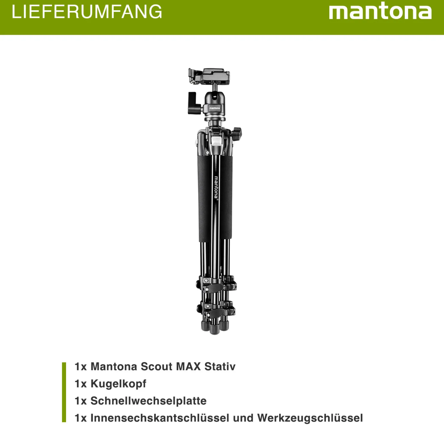 Mantona Basic Scout Max Fotostativ - 630 x 100 x 100 mm - Arbeitshöhe bis 160 cm / Traglast max. 6 kg - mit Kugelkopf, umkehrbarer Mittelsäule - für Fotostativ Reisestativ Travelstativ