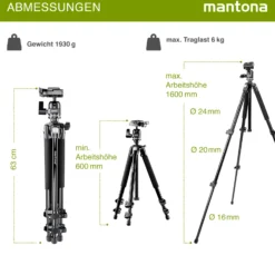 Mantona Basic Scout Max Fotostativ - 630 x 100 x 100 mm - Arbeitshöhe bis 160 cm / Traglast max. 6 kg - mit Kugelkopf, umkehrbarer Mittelsäule - für Fotostativ Reisestativ Travelstativ