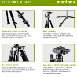 Mantona Basic Scout Max Fotostativ - 630 x 100 x 100 mm - Arbeitshöhe bis 160 cm / Traglast max. 6 kg - mit Kugelkopf, umkehrbarer Mittelsäule - für Fotostativ Reisestativ Travelstativ