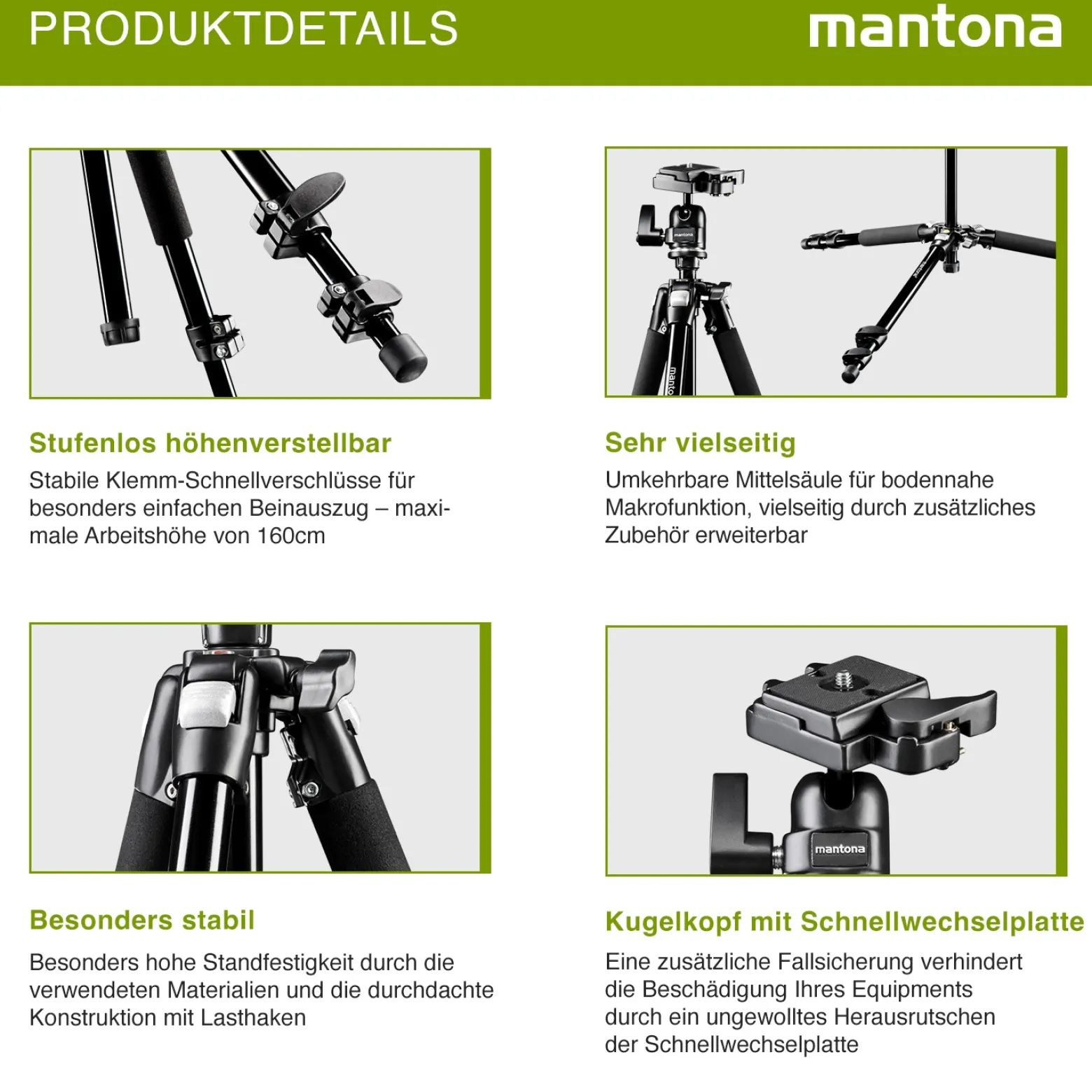 Mantona Basic Scout Max Fotostativ - 630 x 100 x 100 mm - Arbeitshöhe bis 160 cm / Traglast max. 6 kg - mit Kugelkopf, umkehrbarer Mittelsäule - für Fotostativ Reisestativ Travelstativ