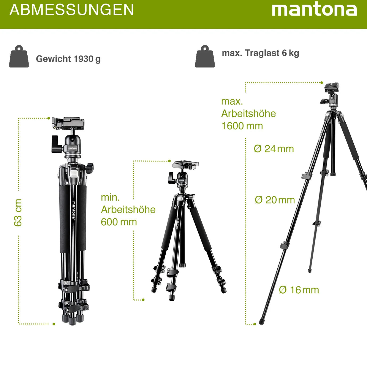 Mantona Basic Scout Max Fotostativ - 630 x 100 x 100 mm - Arbeitshöhe bis 160 cm / Traglast max. 6 kg - mit Kugelkopf, umkehrbarer Mittelsäule - für Fotostativ Reisestativ Travelstativ