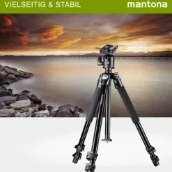 Mantona Basic Scout Max Makro II Fotostativ - 90 x 90 x 615 mm - Arbeitshöhe bis 153 cm / Traglast max. 6 kg - mit Kugelkopf, umkehrbarer u. 2. Mittelsäule - Fotostativ Reisestativ