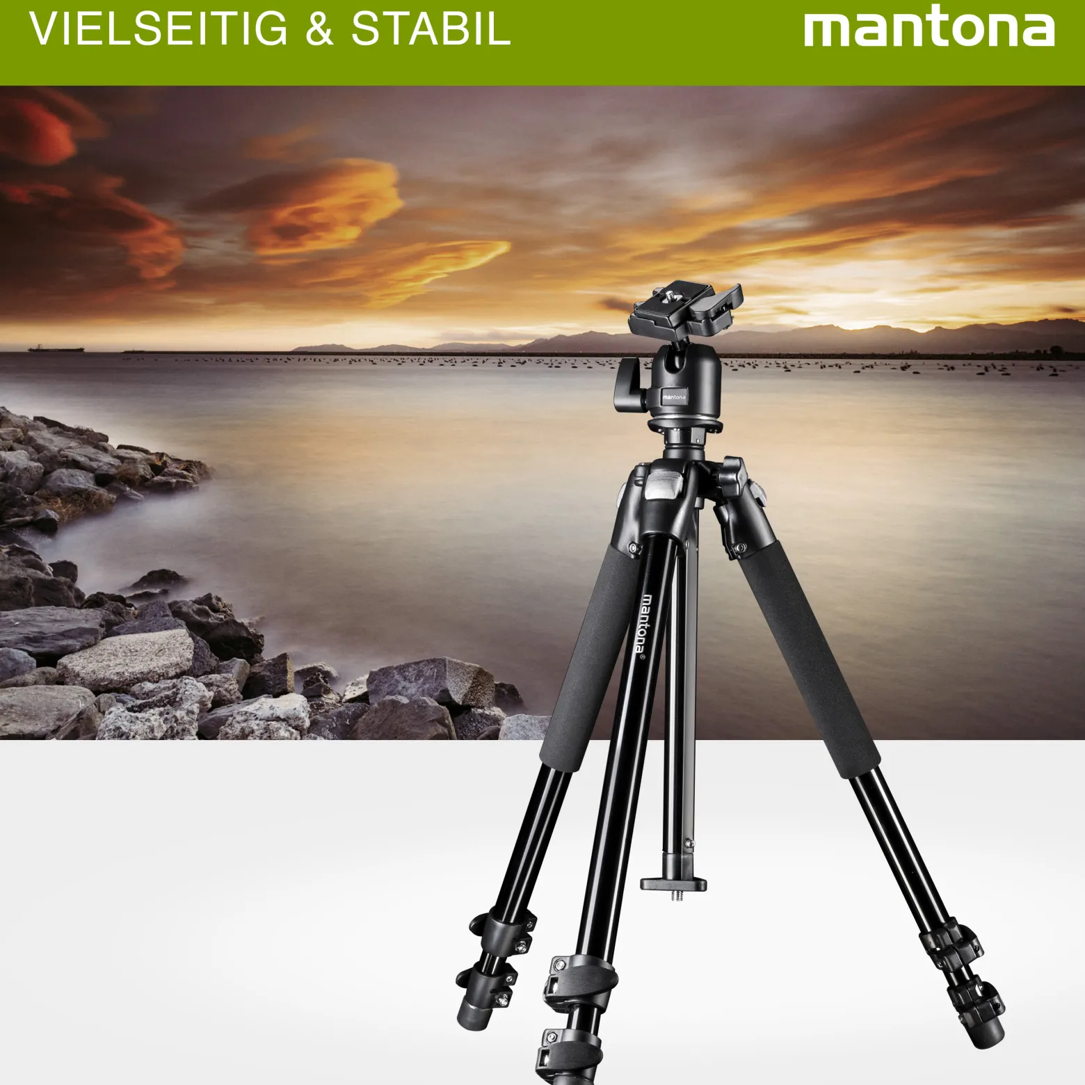 Mantona Basic Scout Max Makro II Fotostativ - 90 x 90 x 615 mm - Arbeitshöhe bis 153 cm / Traglast max. 6 kg - mit Kugelkopf, umkehrbarer u. 2. Mittelsäule - Fotostativ Reisestativ