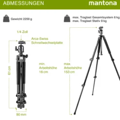Mantona Basic Scout Max Makro II Fotostativ - 90 x 90 x 615 mm - Arbeitshöhe bis 153 cm / Traglast max. 6 kg - mit Kugelkopf, umkehrbarer u. 2. Mittelsäule - Fotostativ Reisestativ