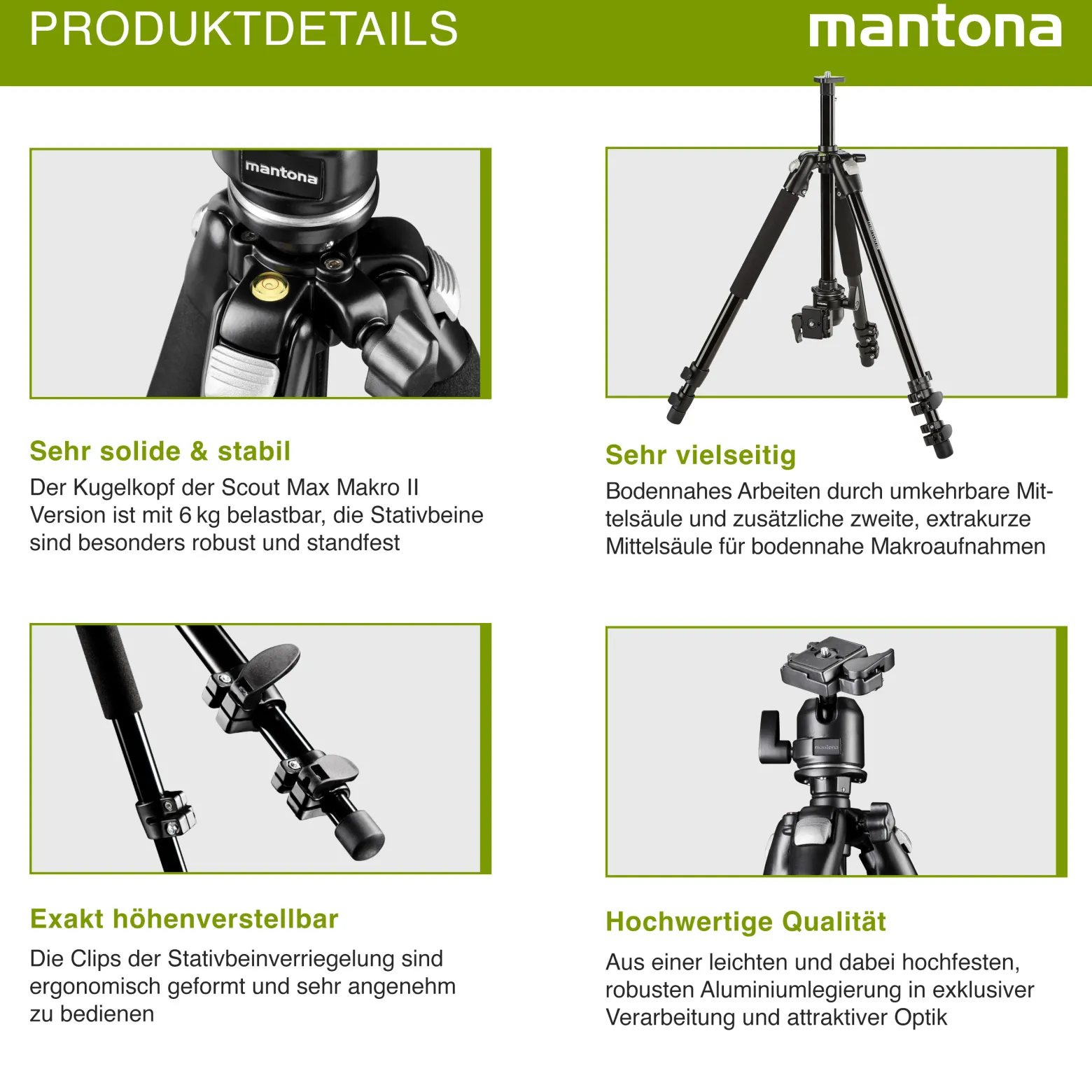 Mantona Basic Scout Max Makro II Fotostativ - 90 x 90 x 615 mm - Arbeitshöhe bis 153 cm / Traglast max. 6 kg - mit Kugelkopf, umkehrbarer u. 2. Mittelsäule - Fotostativ Reisestativ