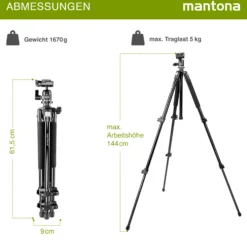 Mantona Basic Scout Stativ - 90 x 90 x 615 mm / max. Traglast 5 kg - aus Aluminium - mit Kugelkopf, Wasserwaage, umkehrbarer Mittelsäule - Reisestativ Travelstativ passend für Kameras