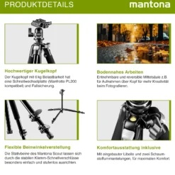 Mantona Basic Scout Stativ - 90 x 90 x 615 mm / max. Traglast 5 kg - aus Aluminium - mit Kugelkopf, Wasserwaage, umkehrbarer Mittelsäule - Reisestativ Travelstativ passend für Kameras