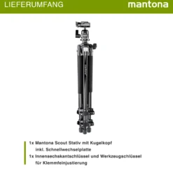 Mantona Basic Scout Stativ - 90 x 90 x 615 mm / max. Traglast 5 kg - aus Aluminium - mit Kugelkopf, Wasserwaage, umkehrbarer Mittelsäule - Reisestativ Travelstativ passend für Kameras