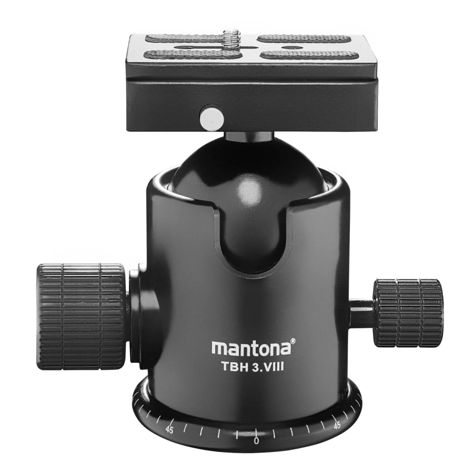 Mantona Basic TBH 3. VIII Kugelkopf – 360° Panorama Kugelkopf mit Friktion und Schnellwechselplatte, Traglast 25 kg, Höhe 12 cm, Gewicht 740 g, für Foto Stativ, DSLR und DSLM Kamera
