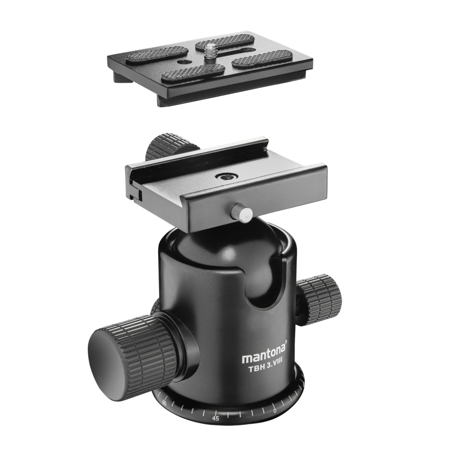 Mantona Basic TBH 3. VIII Kugelkopf – 360° Panorama Kugelkopf mit Friktion und Schnellwechselplatte, Traglast 25 kg, Höhe 12 cm, Gewicht 740 g, für Foto Stativ, DSLR und DSLM Kamera