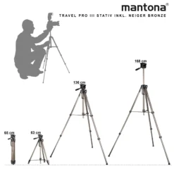 Mantona Basic Travel Pro III Fotostativ 63-168 cm max. 3 kg Aluminium Dreibein Videostativ mit Schnellwechselplatte und Tasche