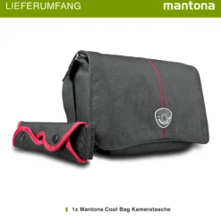 Mantona Cool Bag Kameratasche schwarz/rot, hochwertige Fototasche mit gepolsterter Inneneinteilung & Netzfach, Kamera Umhängetasche aus wasserabweisendem Material