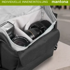 Mantona Cool Bag Kameratasche schwarz/rot, hochwertige Fototasche mit gepolsterter Inneneinteilung & Netzfach, Kamera Umhängetasche aus wasserabweisendem Material