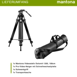 Mantona Dolomit 1300 Videostativ 188 cm (74 Zoll) mit fluidgedämpftem Neiger für DSLR/Videokamera - inkl Tasche - Tripod Kamerastativ Video Stativ mit Fluidkopf