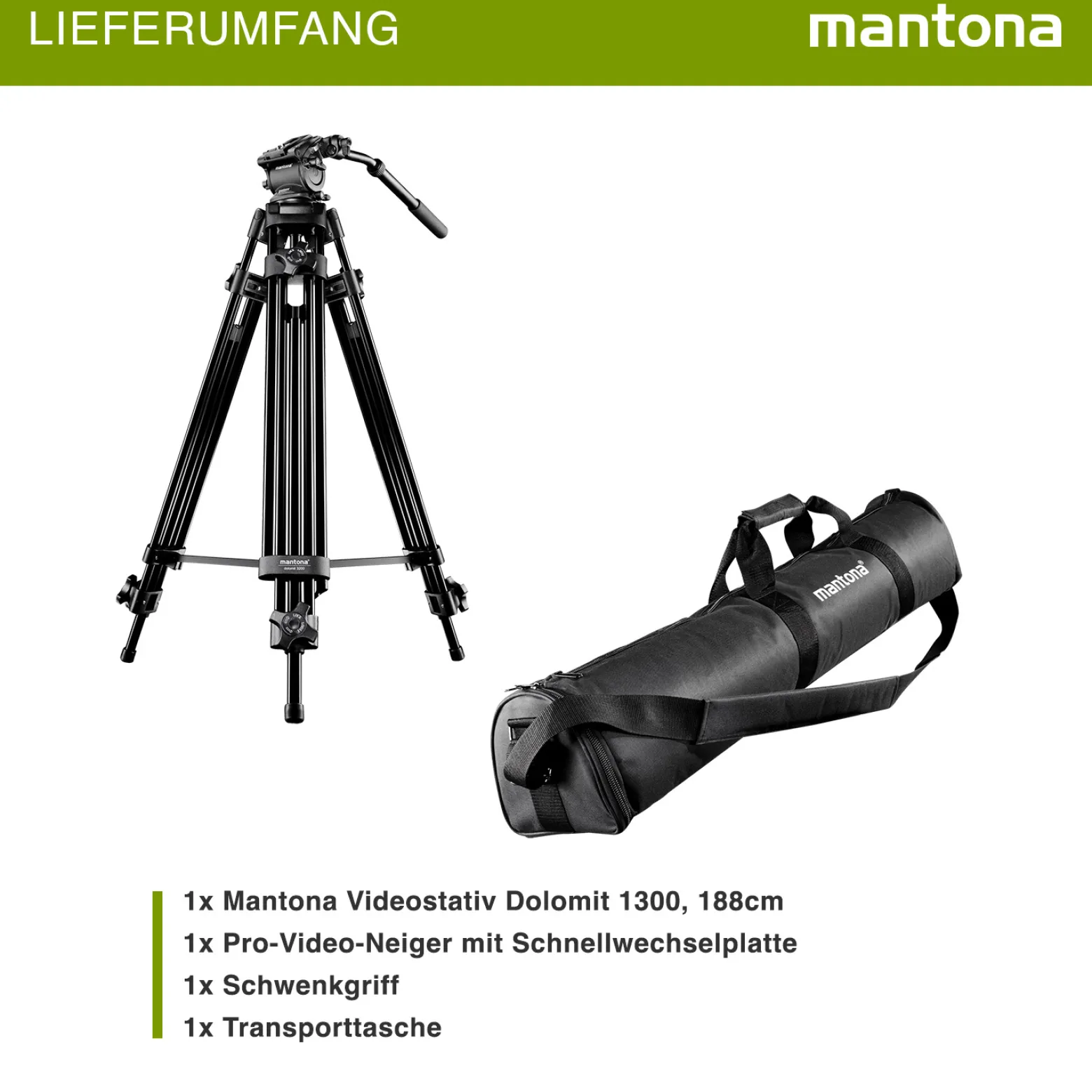Mantona Dolomit 1300 Videostativ 188 cm (74 Zoll) mit fluidgedämpftem Neiger für DSLR/Videokamera - inkl Tasche - Tripod Kamerastativ Video Stativ mit Fluidkopf