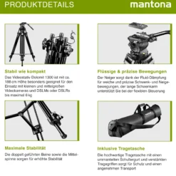 Mantona Dolomit 1300 Videostativ 188 cm (74 Zoll) mit fluidgedämpftem Neiger für DSLR/Videokamera - inkl Tasche - Tripod Kamerastativ Video Stativ mit Fluidkopf