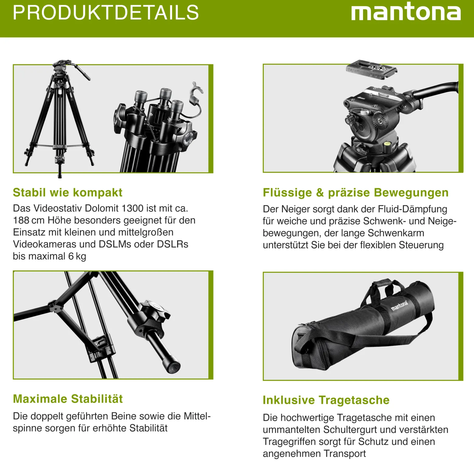 Mantona Dolomit 1300 Videostativ 188 cm (74 Zoll) mit fluidgedämpftem Neiger für DSLR/Videokamera - inkl Tasche - Tripod Kamerastativ Video Stativ mit Fluidkopf