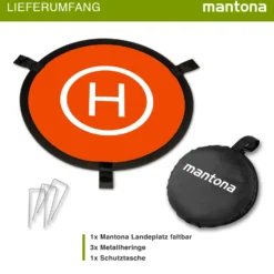 Mantona Drohnen-Landeplatz faltbar Ø 55 cm wetterfest mit Metallheringen kompakt auf 23 cm faltbar mit Transporttasche und beidseitiger H-Markierung