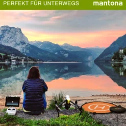 Mantona Drohnen-Landeplatz faltbar Ø 55 cm wetterfest mit Metallheringen kompakt auf 23 cm faltbar mit Transporttasche und beidseitiger H-Markierung