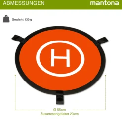 Mantona Drohnen-Landeplatz faltbar Ø 55 cm wetterfest mit Metallheringen kompakt auf 23 cm faltbar mit Transporttasche und beidseitiger H-Markierung