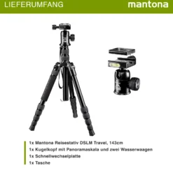 Mantona DSLM Reisestativ Travel - 350 x 90 x 90 mm / max. Traglast ca. 5 kg - mit Kugelkopf, Panoramaskala und 2 Wasserwaagen - Reisestativ Travelstativ passend für Kameras