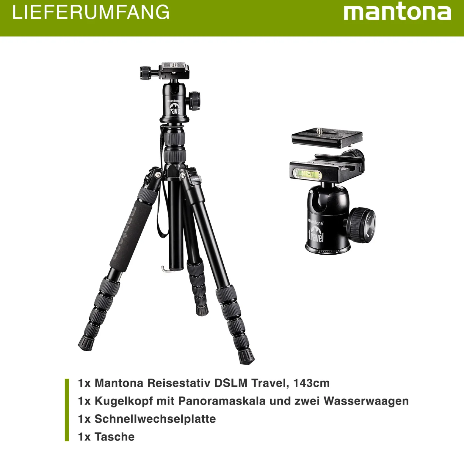 Mantona DSLM Reisestativ Travel - 350 x 90 x 90 mm / max. Traglast ca. 5 kg - mit Kugelkopf, Panoramaskala und 2 Wasserwaagen - Reisestativ Travelstativ passend für Kameras