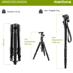 Mantona DSLM Reisestativ Travel - 350 x 90 x 90 mm / max. Traglast ca. 5 kg - mit Kugelkopf, Panoramaskala und 2 Wasserwaagen - Reisestativ Travelstativ passend für Kameras