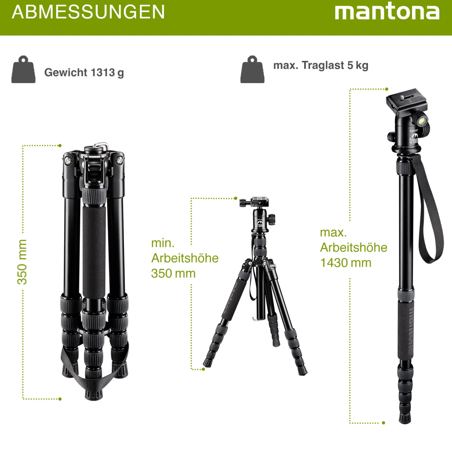 Mantona DSLM Reisestativ Travel - 350 x 90 x 90 mm / max. Traglast ca. 5 kg - mit Kugelkopf, Panoramaskala und 2 Wasserwaagen - Reisestativ Travelstativ passend für Kameras