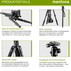Mantona DSLM Reisestativ Travel - 350 x 90 x 90 mm / max. Traglast ca. 5 kg - mit Kugelkopf, Panoramaskala und 2 Wasserwaagen - Reisestativ Travelstativ passend für Kameras