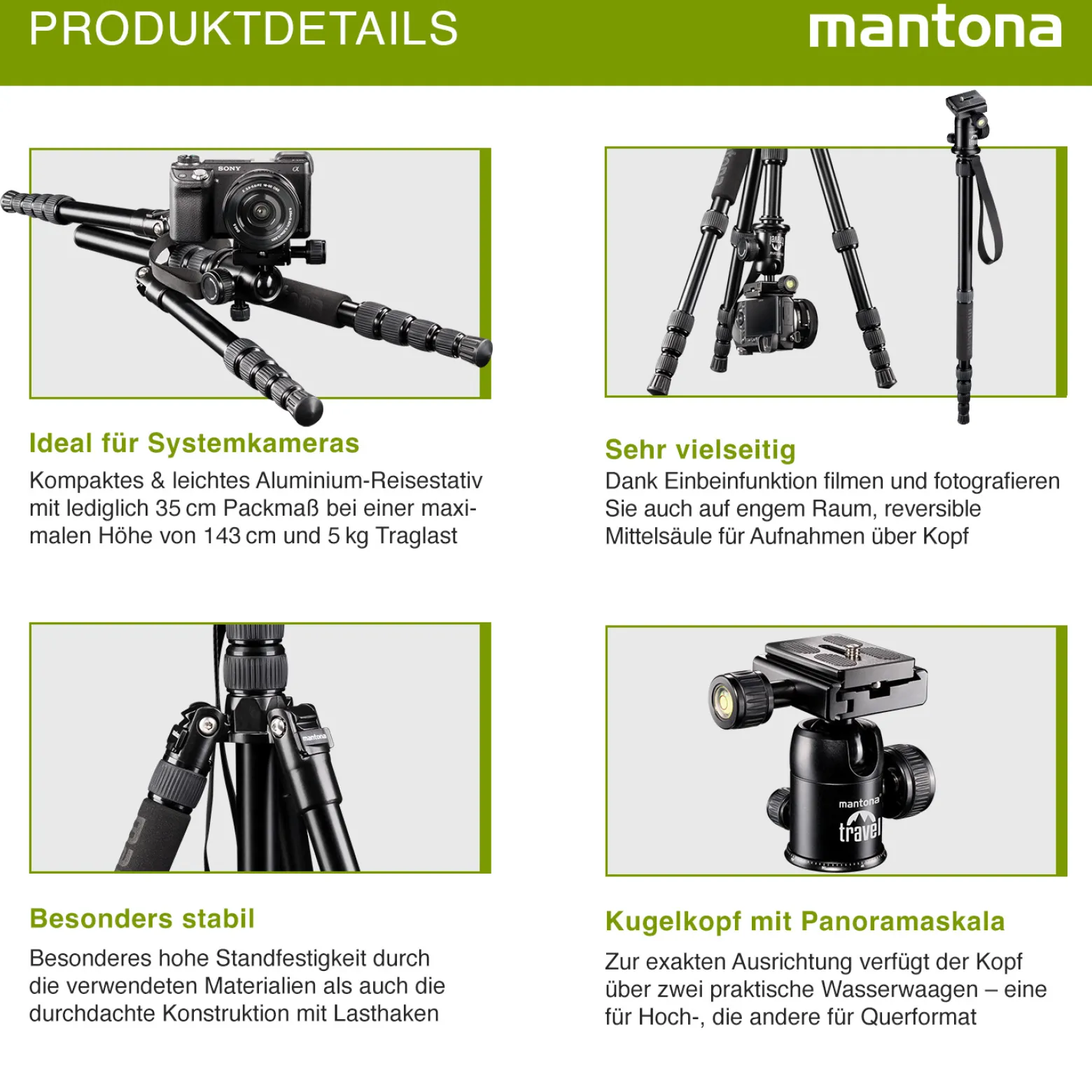 Mantona DSLM Reisestativ Travel - 350 x 90 x 90 mm / max. Traglast ca. 5 kg - mit Kugelkopf, Panoramaskala und 2 Wasserwaagen - Reisestativ Travelstativ passend für Kameras