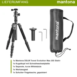 Mantona DSLM Travel Evolution Max 2552-RA Reisestativ 173 cm 10 kg Traglast mit Kugelkopf Arca-Swiss Einbeinfunktion