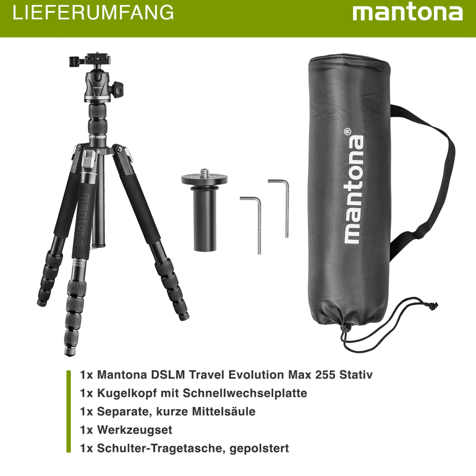 Mantona DSLM Travel Evolution Max 2552-RA Reisestativ 173 cm 10 kg Traglast mit Kugelkopf Arca-Swiss Einbeinfunktion