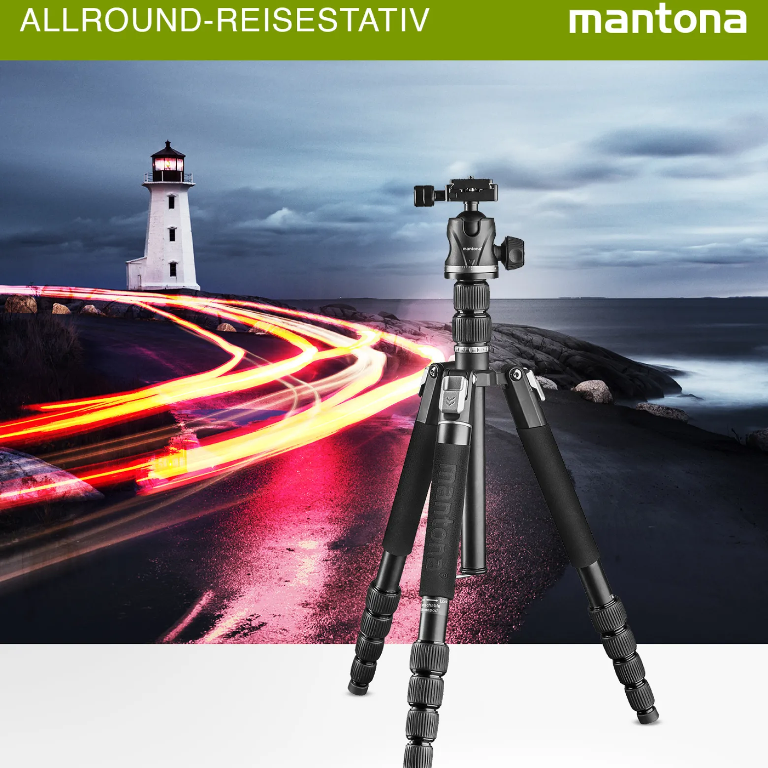 Mantona DSLM Travel Evolution Max 2552-RA Reisestativ 173 cm 10 kg Traglast mit Kugelkopf Arca-Swiss Einbeinfunktion