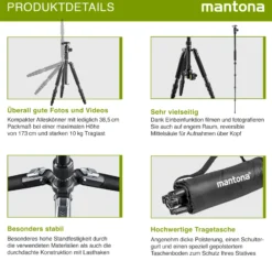 Mantona DSLM Travel Evolution Max 2552-RA Reisestativ 173 cm 10 kg Traglast mit Kugelkopf Arca-Swiss Einbeinfunktion