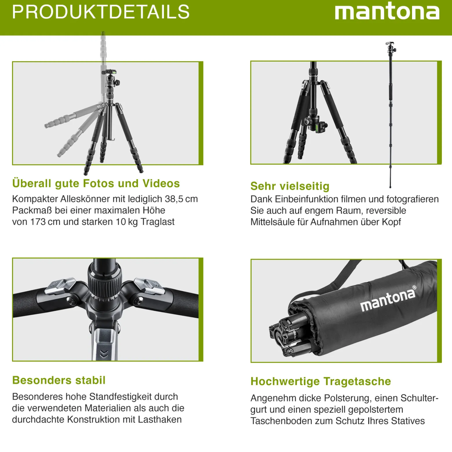 Mantona DSLM Travel Evolution Max 2552-RA Reisestativ 173 cm 10 kg Traglast mit Kugelkopf Arca-Swiss Einbeinfunktion