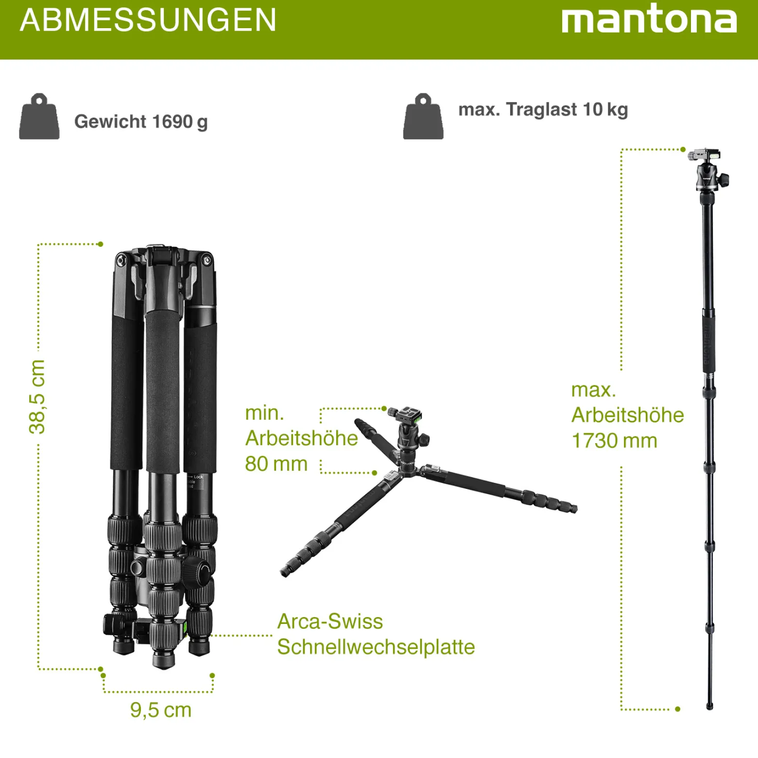 Mantona DSLM Travel Evolution Max 2552-RA Reisestativ 173 cm 10 kg Traglast mit Kugelkopf Arca-Swiss Einbeinfunktion