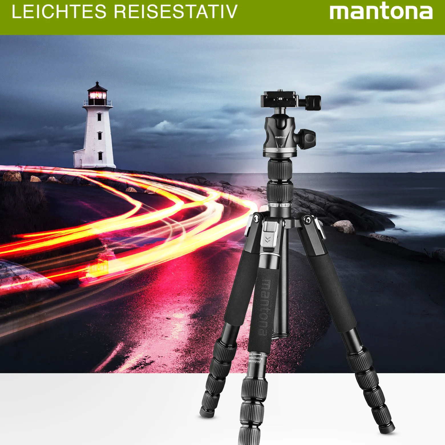 Mantona DSLM Travel Evolution 2252-RA Reisestativ, Kamerastativ bis 147 cm, belastbar bis 8 kg, Dreibein- und Einbeinstativ, Stativ mit Kugelkopf und Schnellwechselplatte
