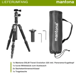 Mantona DSLM Travel Evolution 2252-RA Reisestativ, Kamerastativ bis 147 cm, belastbar bis 8 kg, Dreibein- und Einbeinstativ, Stativ mit Kugelkopf und Schnellwechselplatte