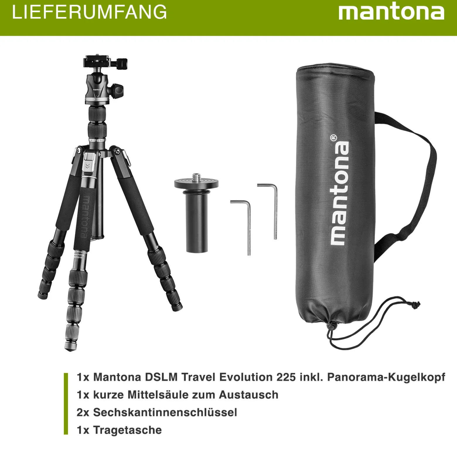 Mantona DSLM Travel Evolution 2252-RA Reisestativ, Kamerastativ bis 147 cm, belastbar bis 8 kg, Dreibein- und Einbeinstativ, Stativ mit Kugelkopf und Schnellwechselplatte