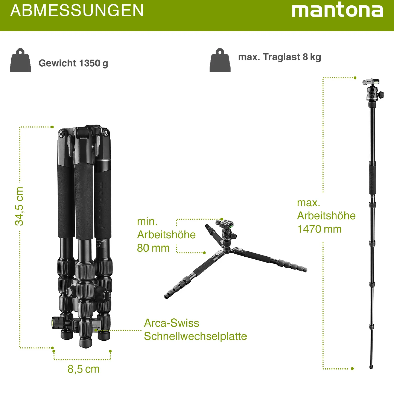 Mantona DSLM Travel Evolution 2252-RA Reisestativ, Kamerastativ bis 147 cm, belastbar bis 8 kg, Dreibein- und Einbeinstativ, Stativ mit Kugelkopf und Schnellwechselplatte